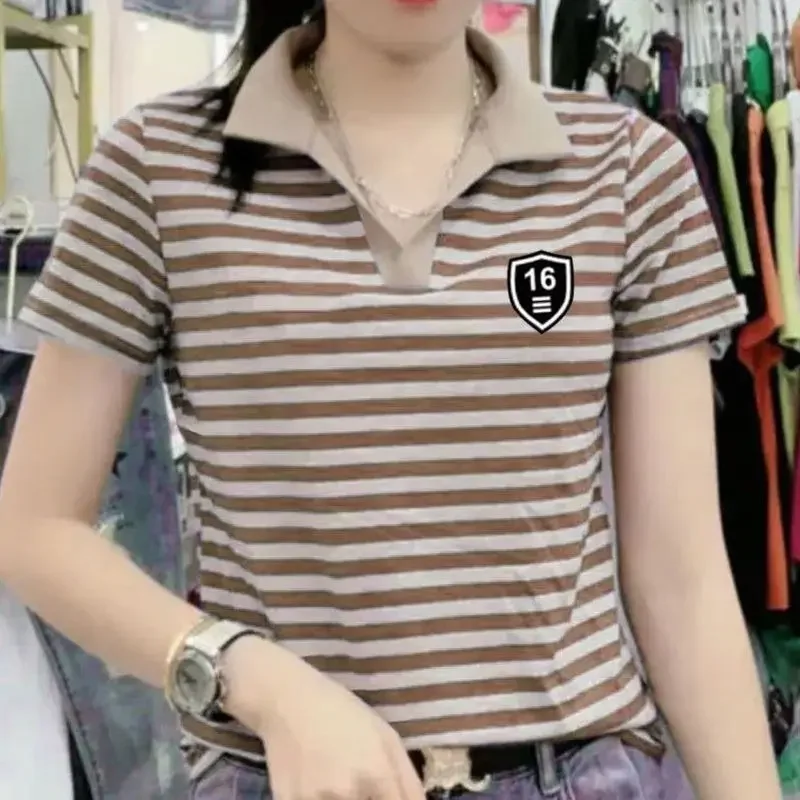 Women's lapel short-sleeved polo shirt, plus-size striped T-shirt with ruffled embroidery, stylish vintage top, new for summer