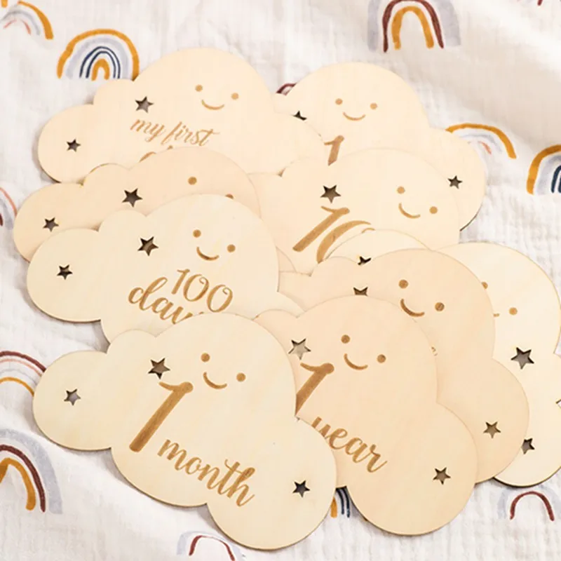 Wooden Baby Milestone 0-12 Months Baby Newborn Cartoon Cloud Shape Photography Accessories Growing Up Card Gifts For Newborns