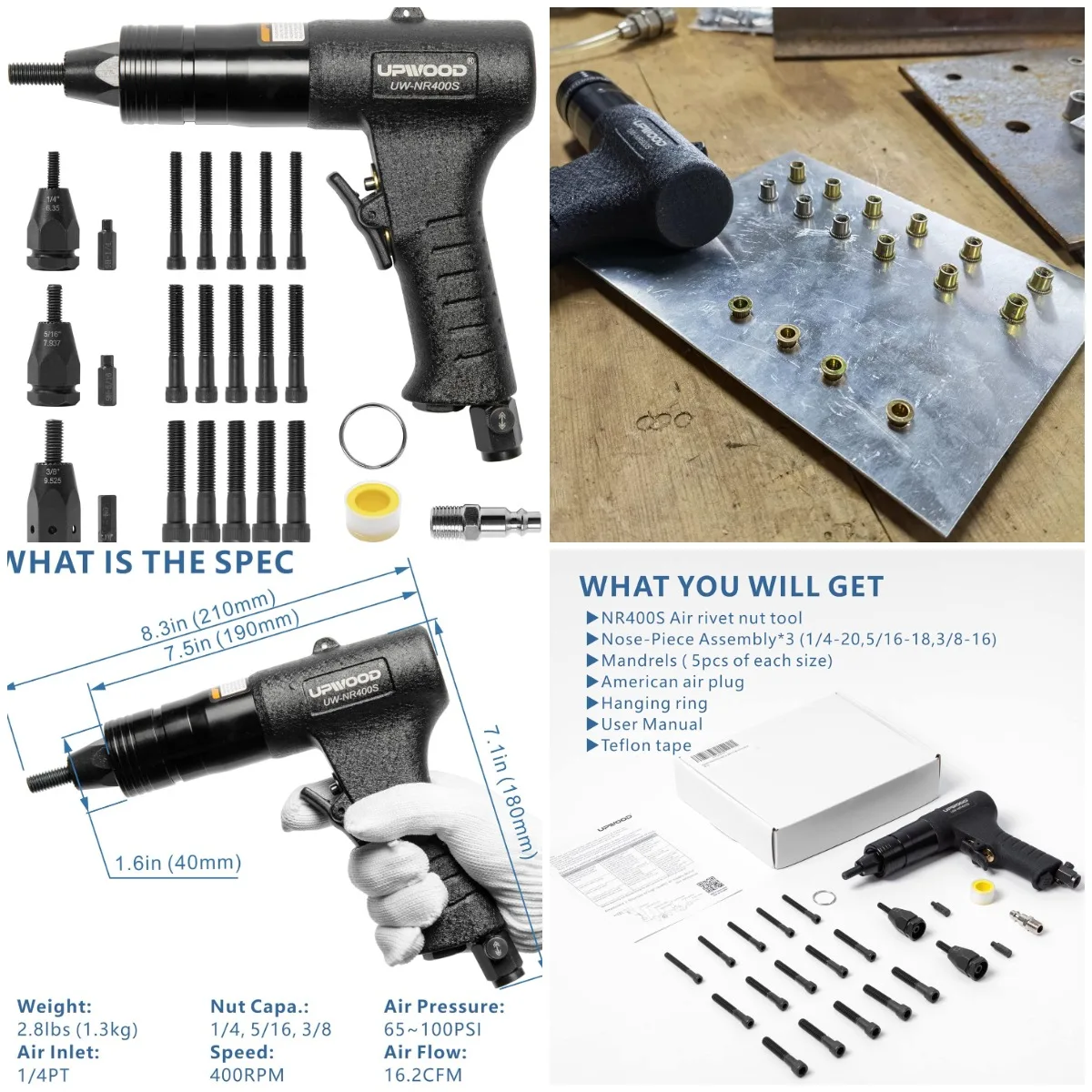 

Пневматический пистолет для заклепок и гаек с носовыми частями 1/4-20, 5/16-18, 3/8-16 и 5 оправками