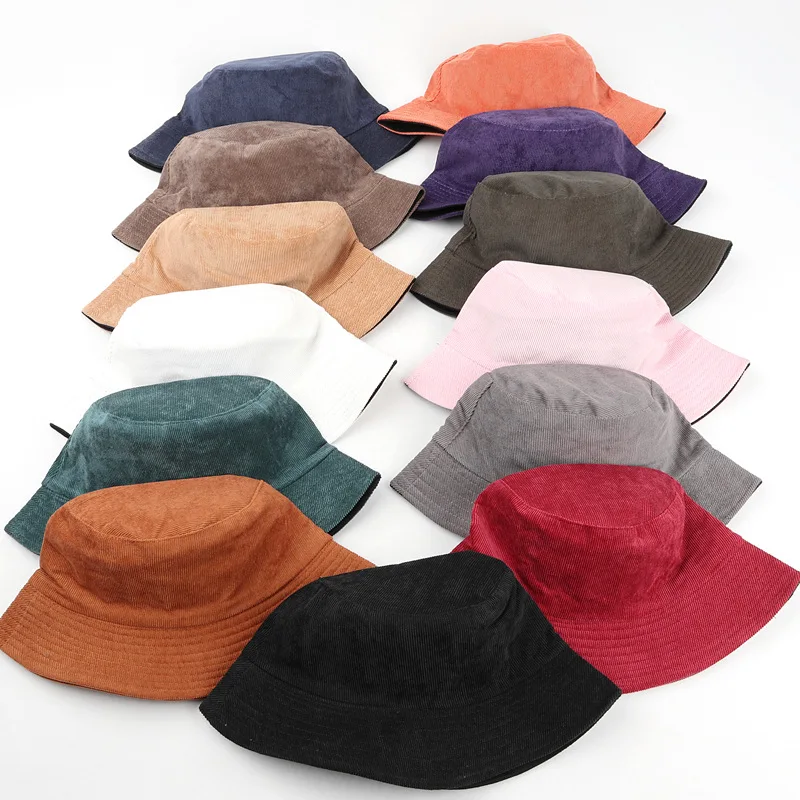 Customized Printed Logo Corduroy Bucket Hat Unisex Simple Solid Caps Hip Hop Gorros Men Women Panama Cap Beach Fishing