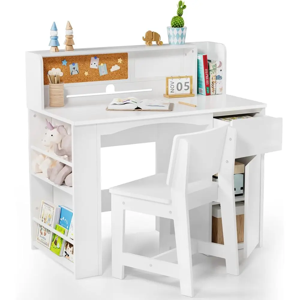 

Children's Study Desk with Chair and Bookshelf, Storage Cabinet Included, Ideal for Ages 5-12, White