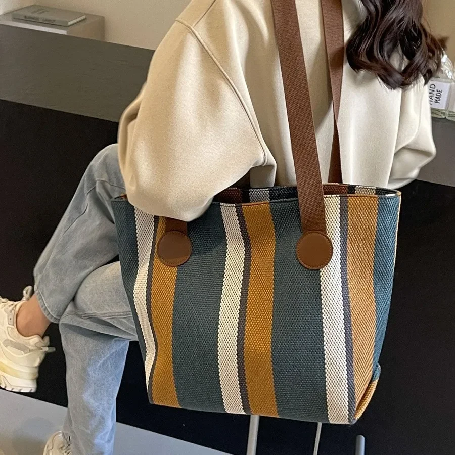 2024 New Fashionable Contrasting Striped Canvas Commuter Tote Bag Large Bag Women\'s  Trendy Underarm Shoulder Bag