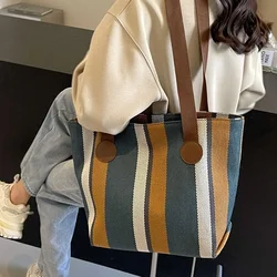 2024 New Fashionable Contrasting Striped Canvas Commuter Tote Bag Large Bag Women's  Trendy Underarm Shoulder Bag