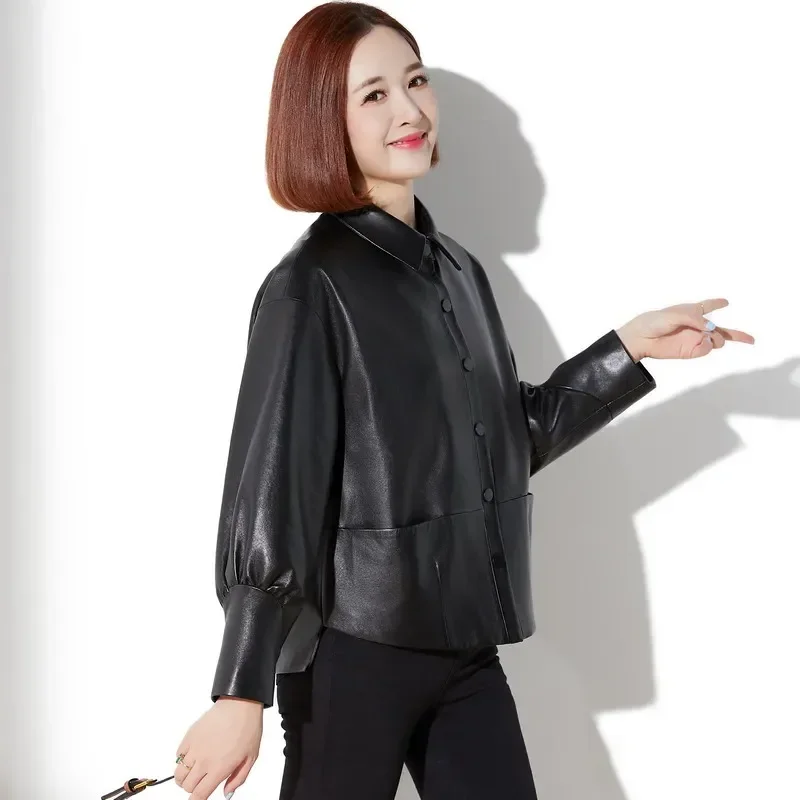 Genuine Leather Jacket Women New High Waist Leather Coat Ladies Short Sheepskin Coat for Women Clothing Slim Motorcycle Jakcets