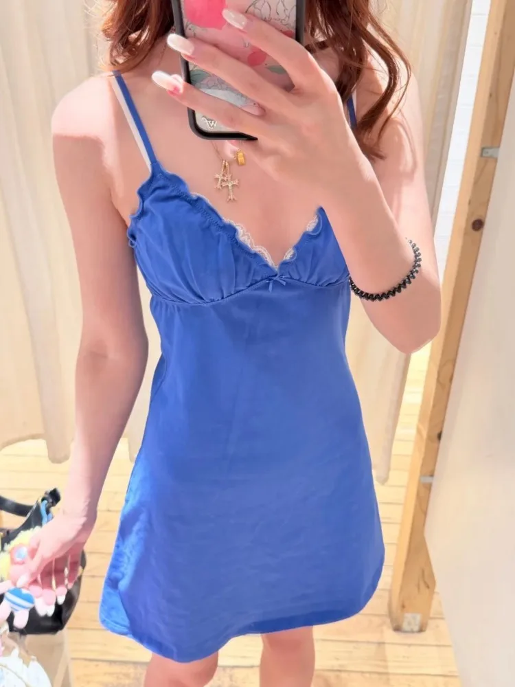 

Fungus Fold V-neck Camisole Dress Women Elegant Electric Blue Casual Slim Cotton Dresses Sweet Vintage Chic Sleeveless Vestidos