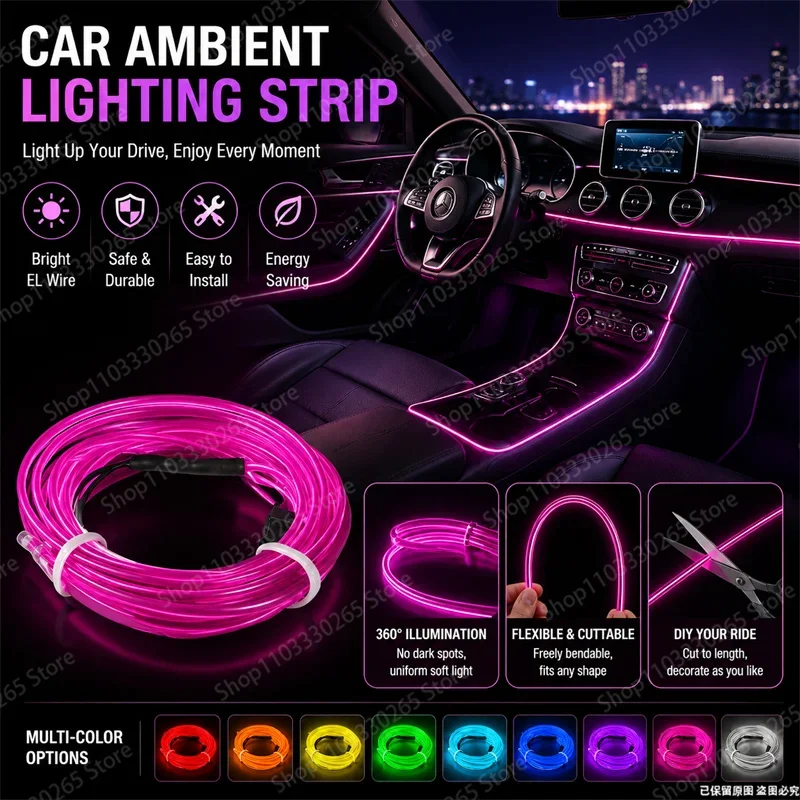Flexible Cuttable EL Wire Car Interior Ambient Light Strip 360° Uniform Glow DIY Auto Dashboard Atmosphere Decor Lamp