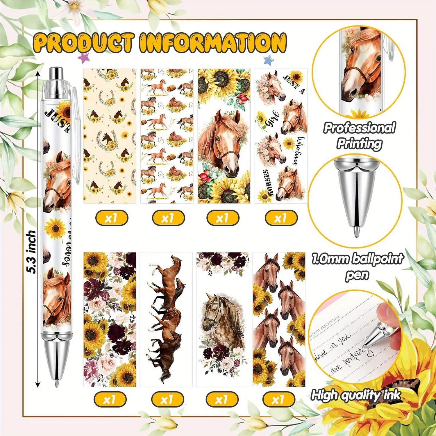 4/8/16 Pcs Horse Pattern Women'S Ballpoint Pens Fine Pen Tip Smooth Writing For Office Supplies Practical Gift For School Family