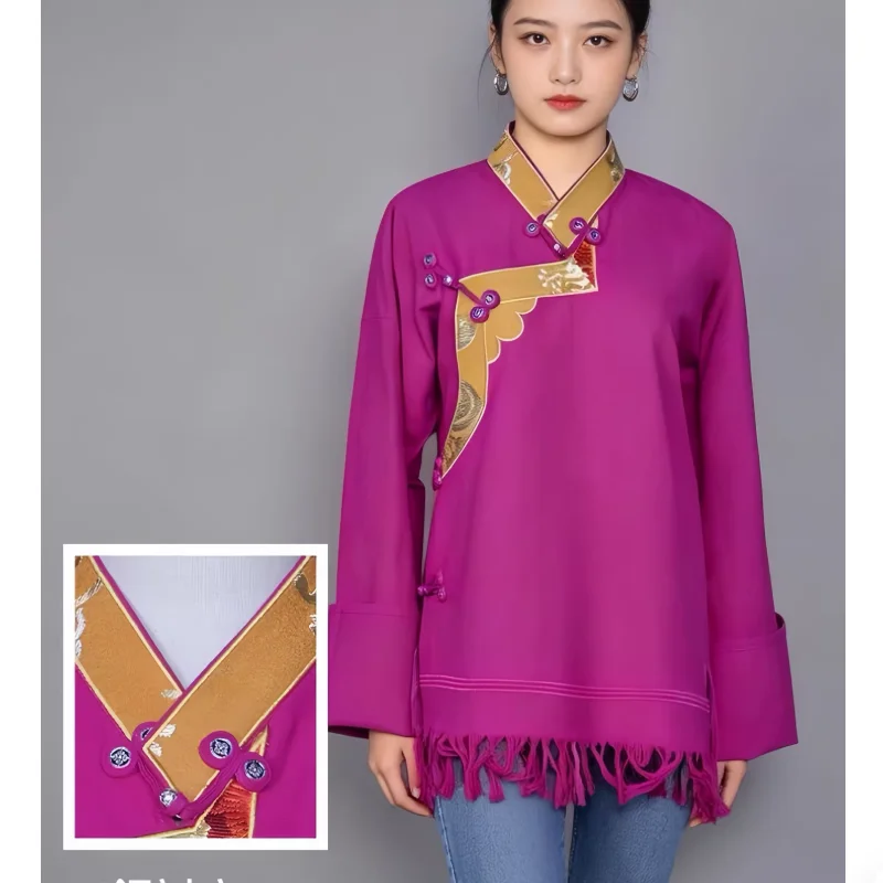 Chinese Tibetan Women's Button Up V-neck Shirt With Tassel Border Xizang Clothes