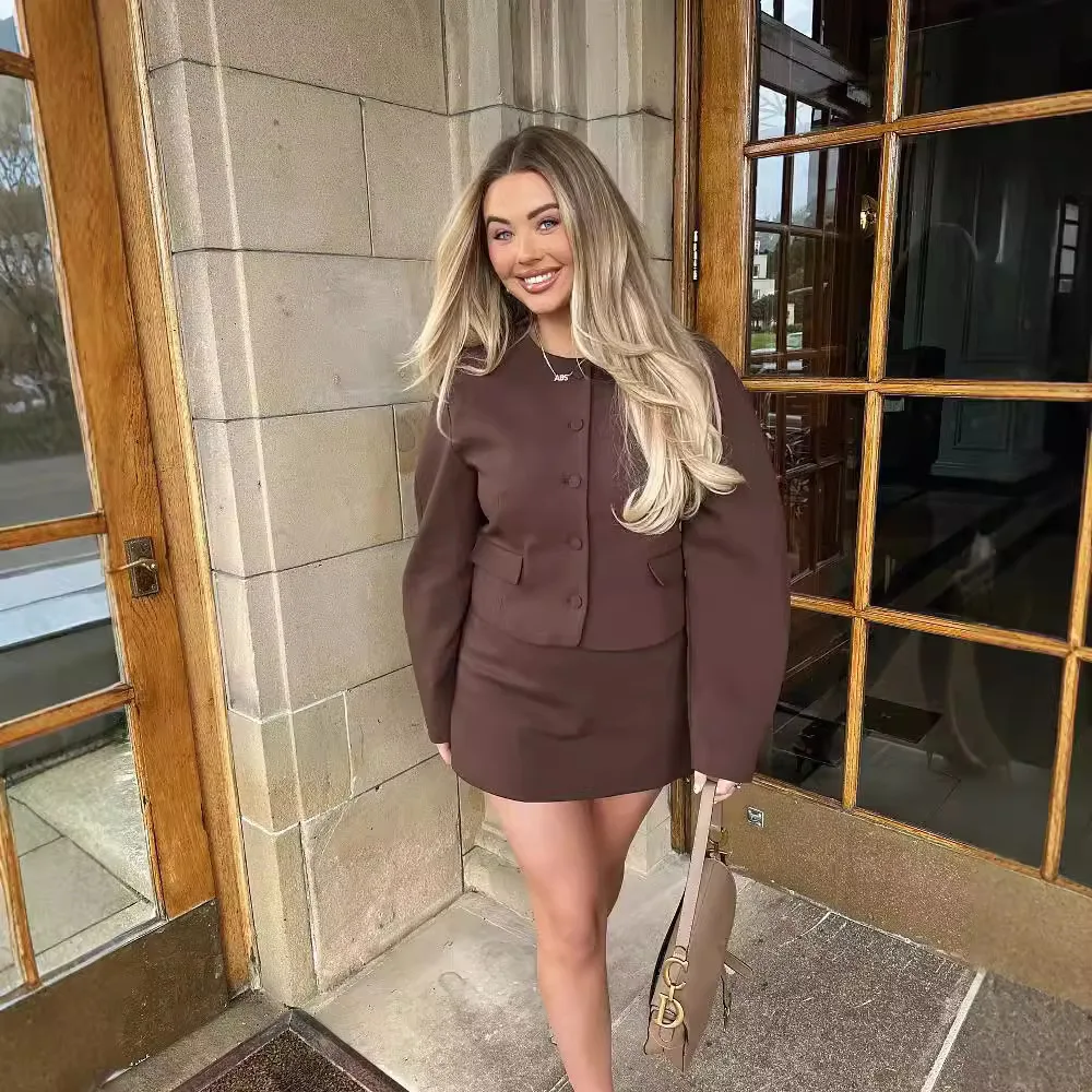 Female Cardigan Mini Skirt Set Women Short Jackets Suit Long Sleeve Brown Tops Skirts Two-Piece Sets Elegant Office Lady Outfit