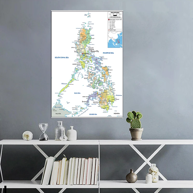 150*225cm Mapa de Filipinas en inglés, lienzo no tejido, impresión artística de pared, póster sin marco, decoración del hogar para sala de estar