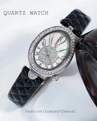Women Quartz Watch Luxury Gold Dial Reloj Black Leather Strap Clock Ladies Stainless Steel Oval Orologio High Quality Wristwatch