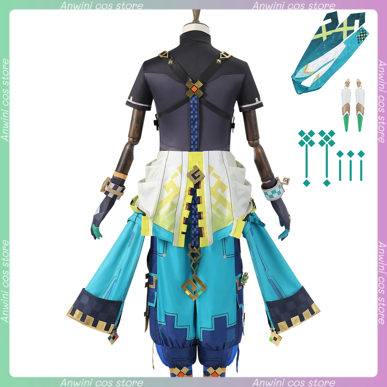 Genshin Impact Anime Kinich Cosplay Costume Wigs Tops Pants Gloves Earrings Set Role Playing Dress-up Comic Con Halloween Outfit - Image 3