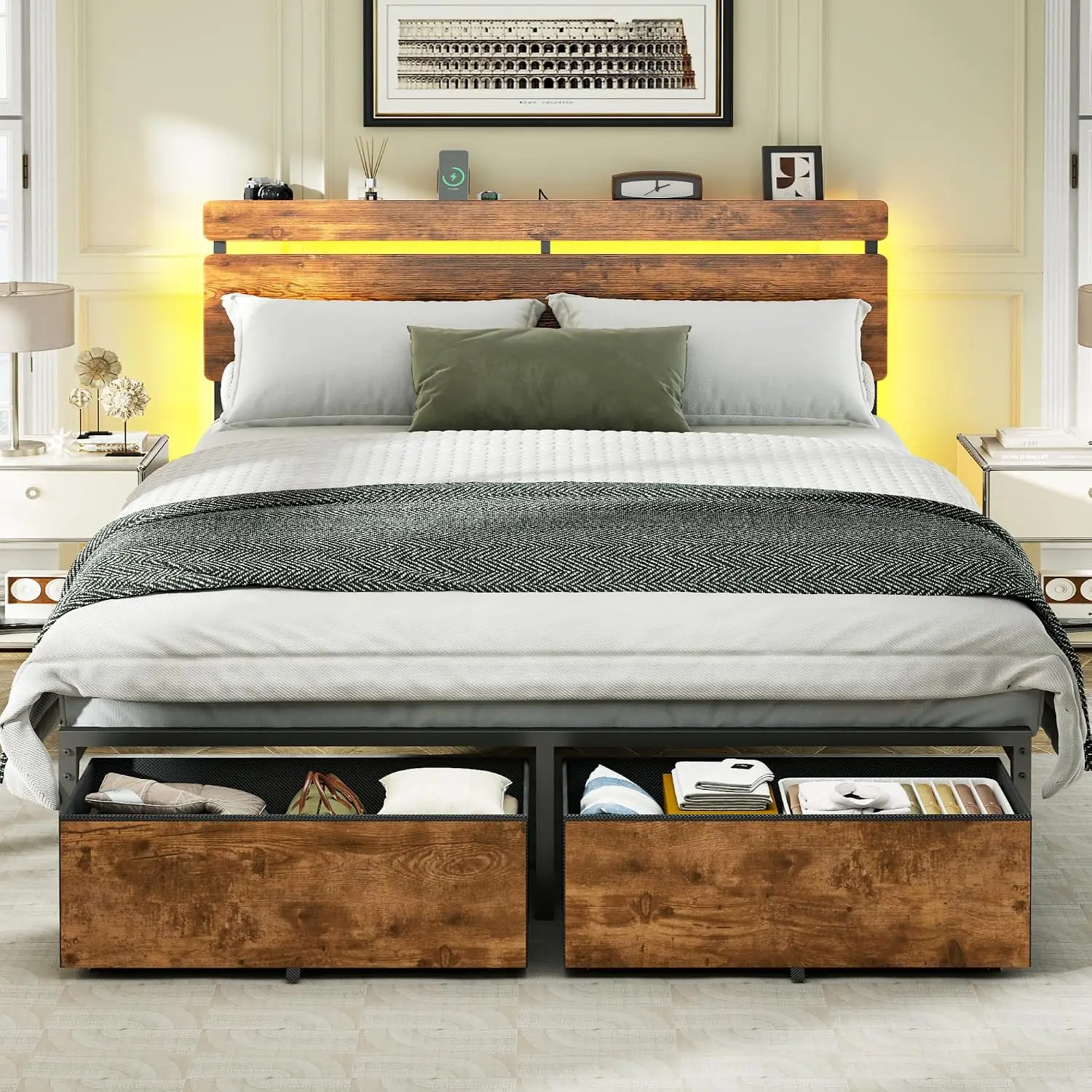 Forestell Queen Bed Frame with Wood Headboard,2 Storage Drawers & Shelf | Built-in Charging Station & LED Lights, Metal Support,