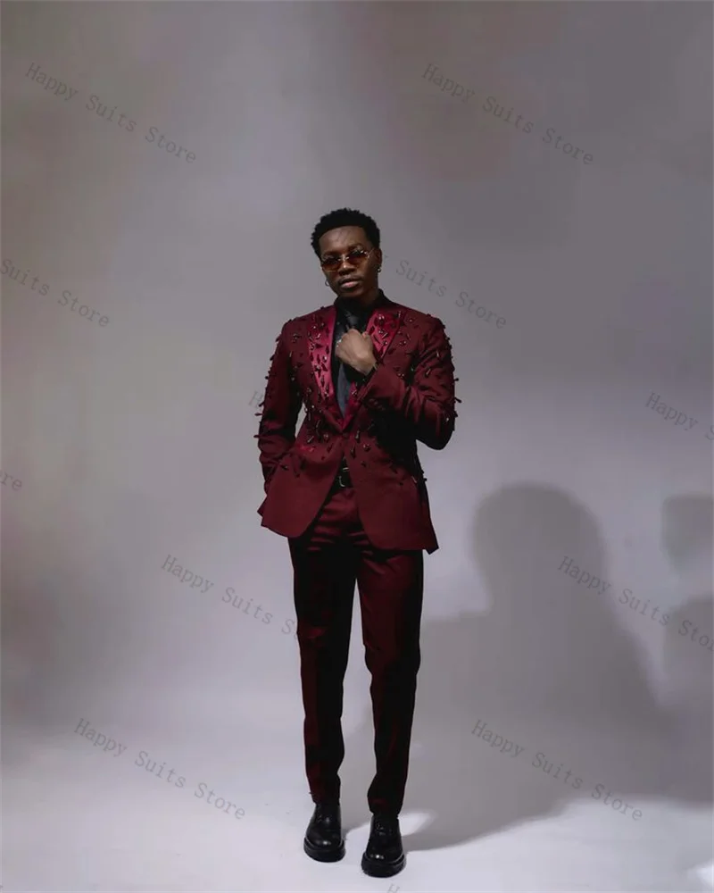 

Burgundy Crystals Men Suit Set 2 Pieces Blazer+Pants Trousers Formal Office Coat Autumn Groom Wedding Tuxedo Customized Jacket