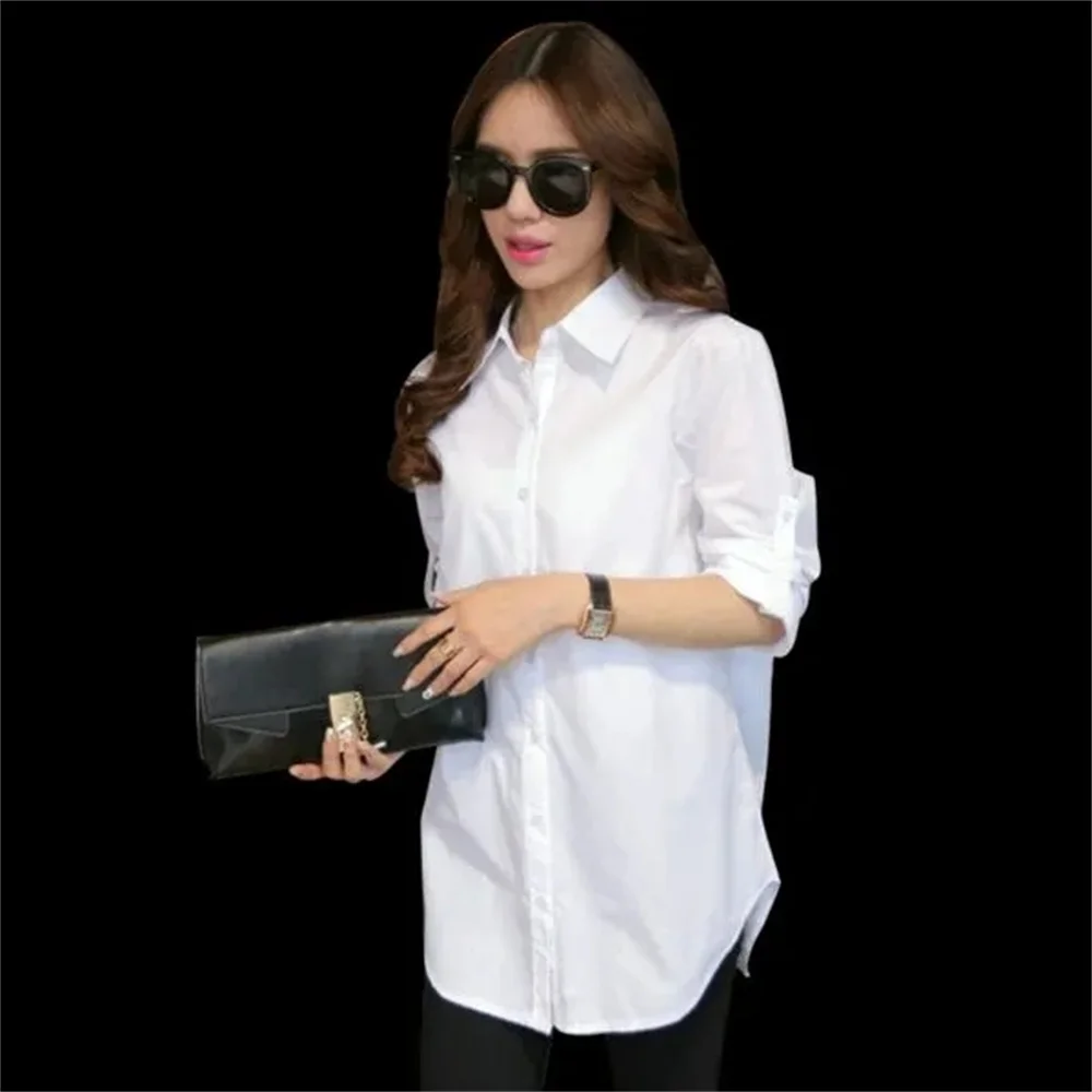 Oversized New Style Shirt Women Mid length Cotton Loose Student Korean Fashion bf Style White Shirt Long Sleeve Women Blouse Top