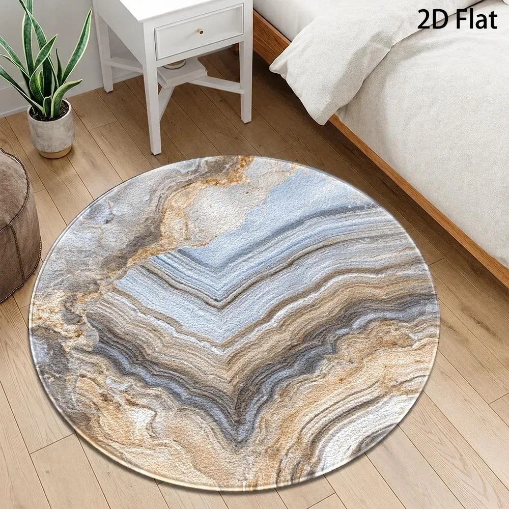 Luxury Natural Stone Round Rug,Gold Grey Blue Onyx Marble Streak Abstract Pattern Printed Circular Floor Mat,Living Room