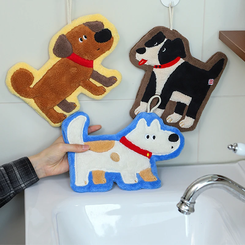Cute Dog Hand Towel Coral Fleece Strong Water Absorption Bathroom Kerchief Hanging Style Soft Washcloth Kitchen