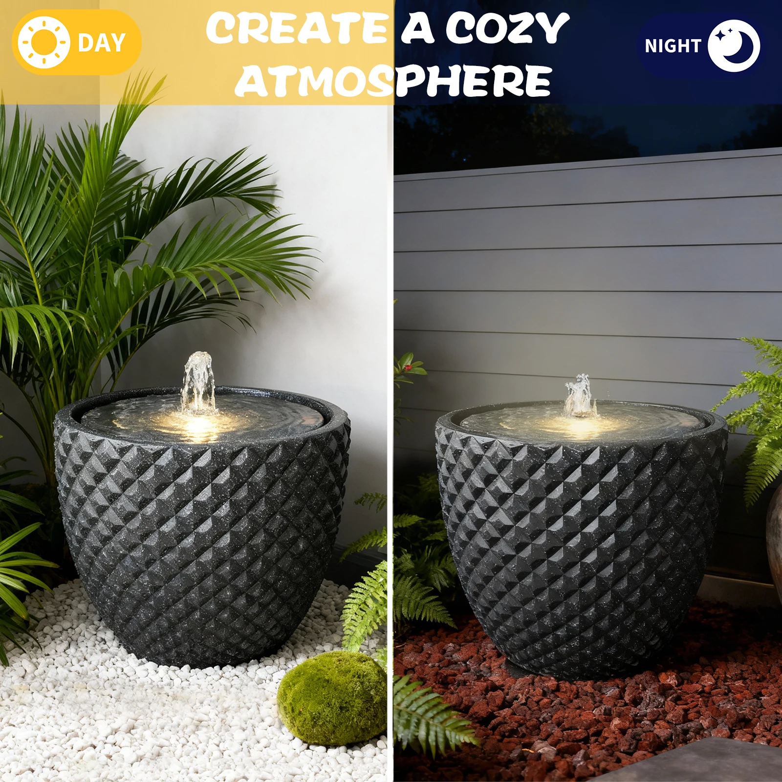 

Water Fountain with LED Light Outdoor Fountain Round Stone Waterfall Fountains Modern for Garden Patio Deck Porch