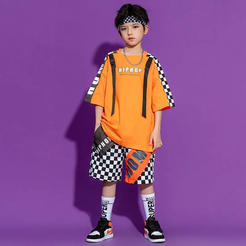 子供のためのチェックダンス衣装、ヒップホップウェア、グラフィックTシャツ、特大Tシャツ、クロップトップ、ストリートウェア、女の子と男の子のショーツ、夏