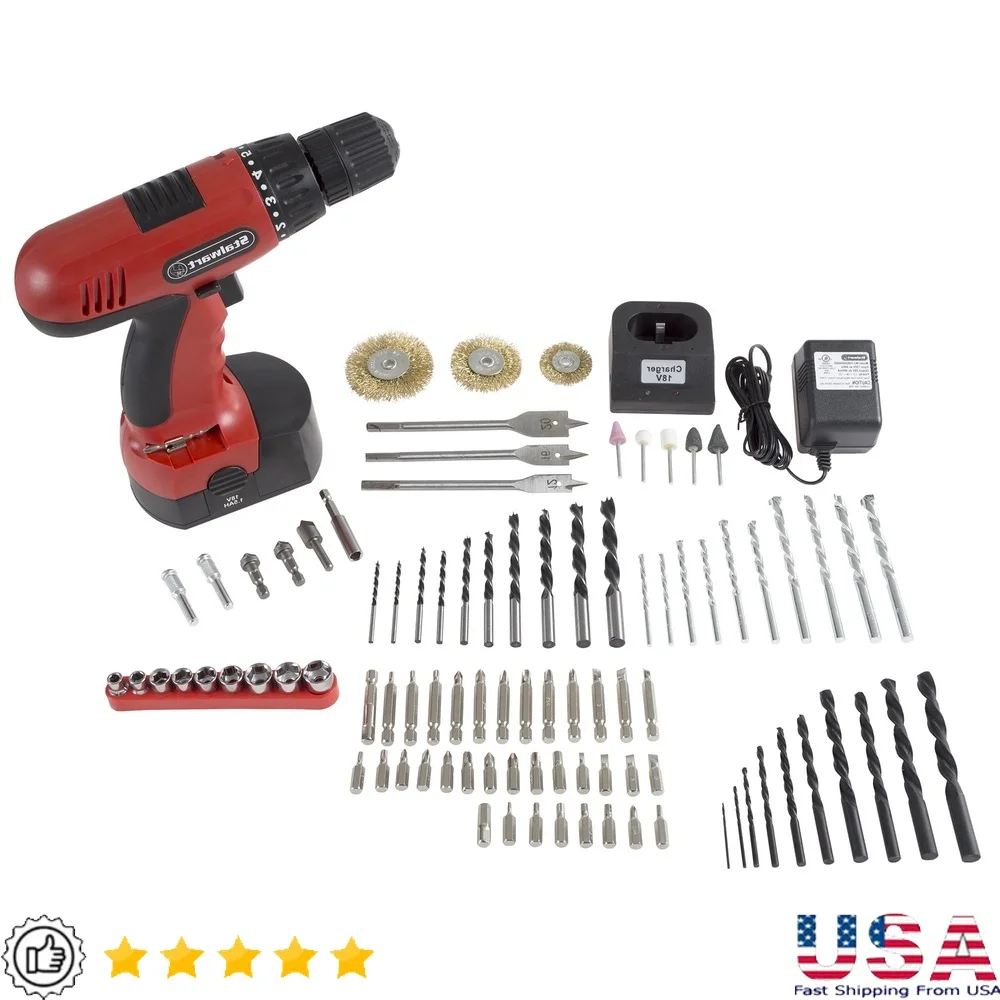 

18V Cordless Drill Set with 89 Piece Accessories Keyless Chuck Torque Settings Forward Reverse Home Mechanic Power Tool Kit