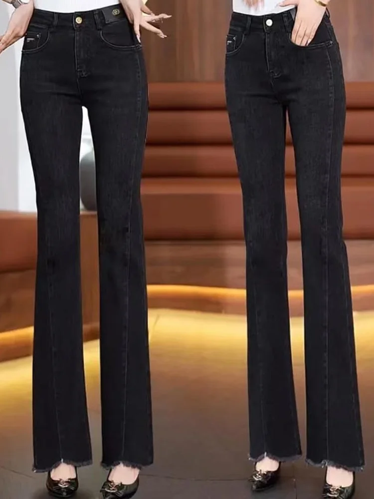 

Тонкие джинсовые джинсы с высокой талией, женские осенние брюки-колокольчики с потертостями, длинные синие джинсы, универсальные женские брюки-сли...