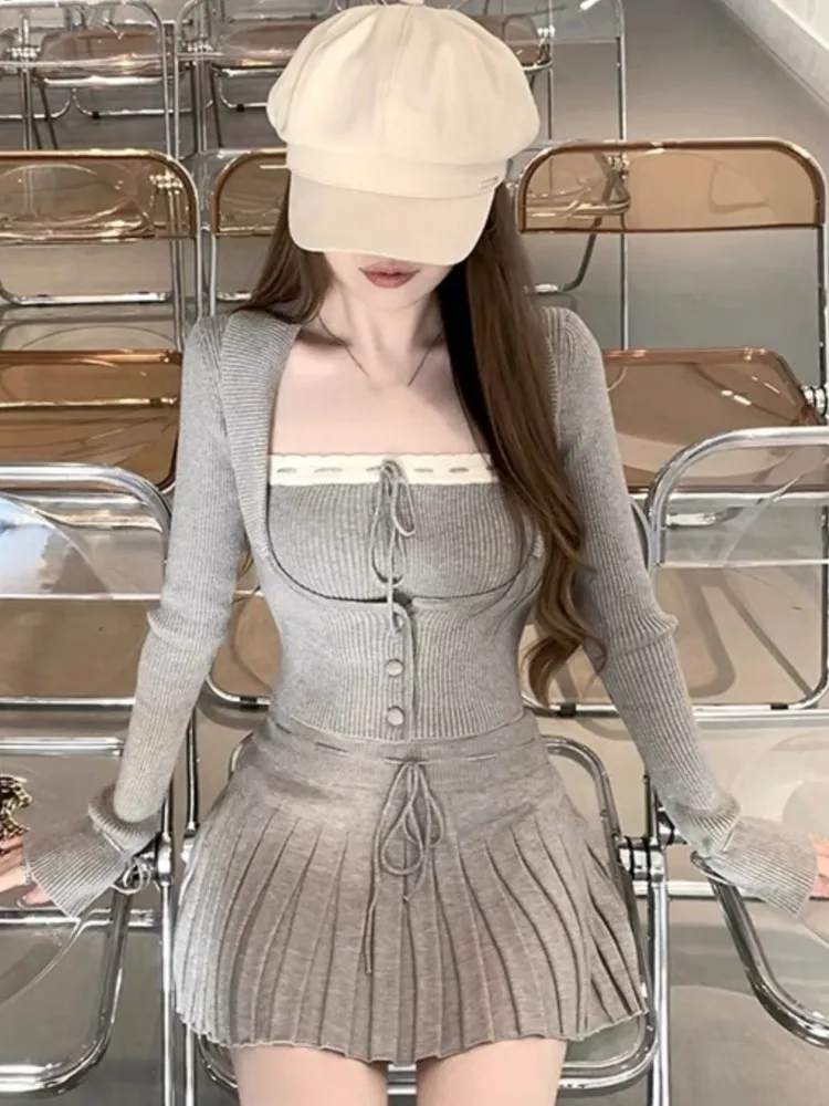 Cardigan Slim et Mini Jupe Plissée pour Femme, Tenues Douces, Couleur Unie, Style Patchwork, Chic Coréen, Printemps, Ensemble 3 Pièces, Y2k