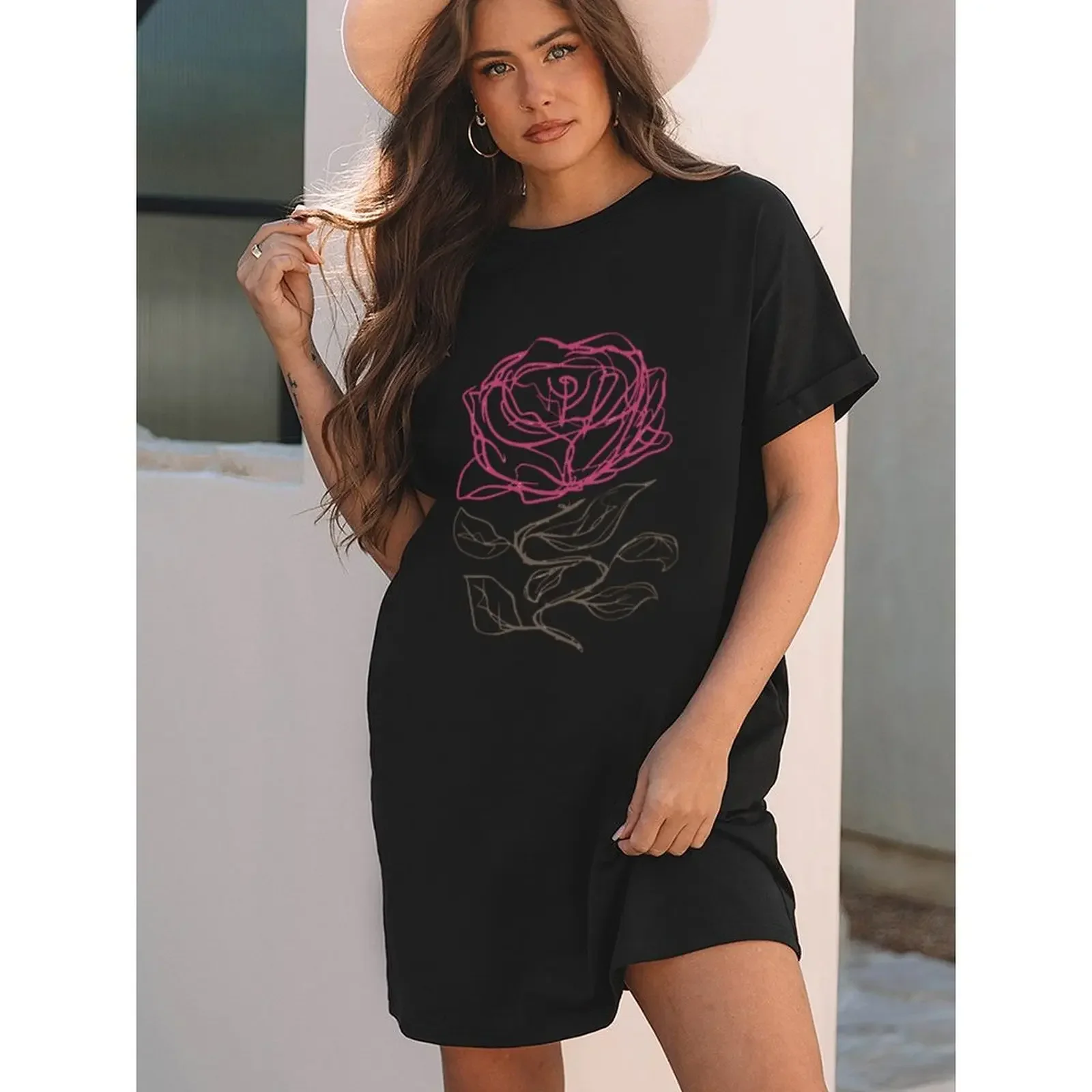 تي شيرت نسائي كبير الحجم بأكمام قصيرة مع طباعة أنيقة ورقبة دائرية كاجوال لقضاء عطلة الصيف والربيع والارتداء اليومي #2