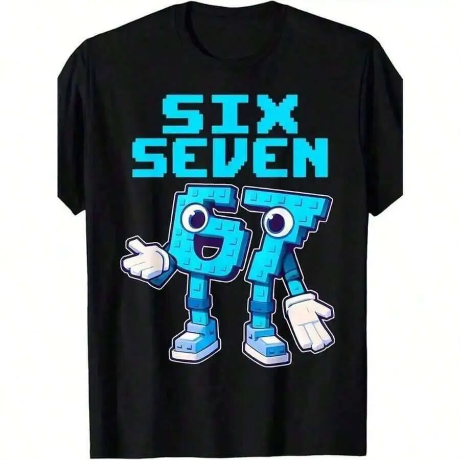 Funny Italian Brainrot Number 6 7 Graphic T-Shirt - Retro Gaming Meme Design With Smiling Face & Six Seven 67 Print, Loose Fit