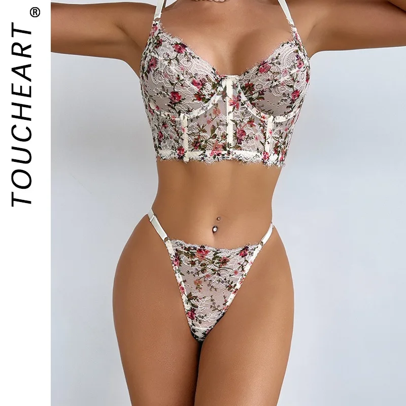 

Toucheart кружево с вышивкой и цветочным принтом, сексуальная сетка, интересные сломанные цветы, нижнее белье, трусики, тонкий женский сексуальный комплект с открытой спиной и высокой талией