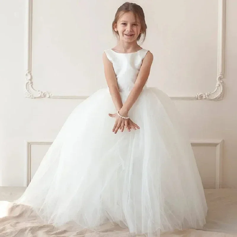 Simple Flower Girl Dress Sleeveless Ruffles Tulle Fluffy Child Princess Wedding Birthday Party First Communion Holiday