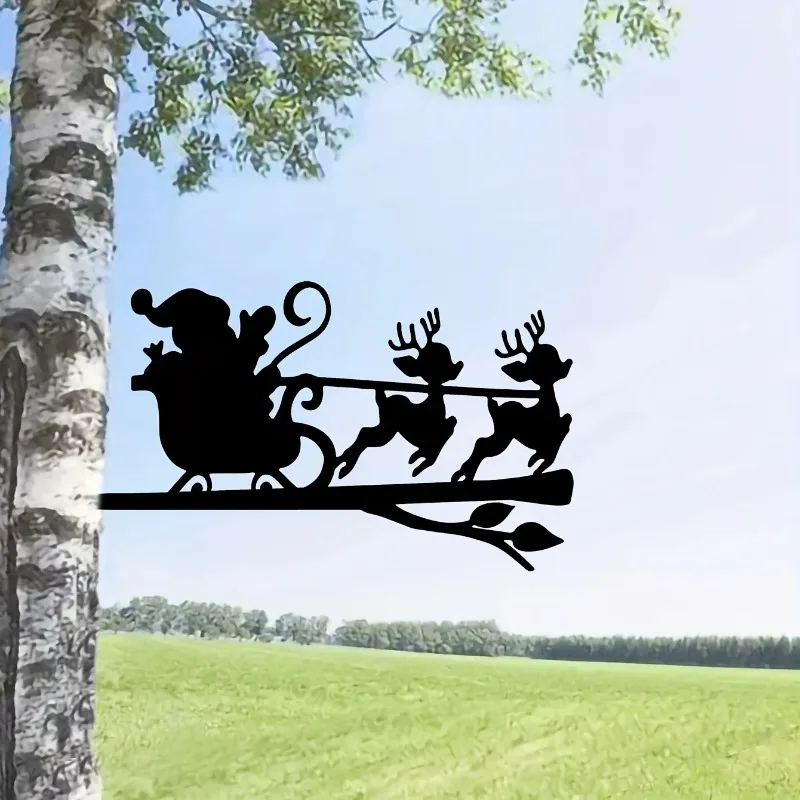 1set Two Little Deers Pulling Sleds On Branch Iron Art Silhouette Home Garden Yard Patio Outdoor Decoration Christmas Decoration