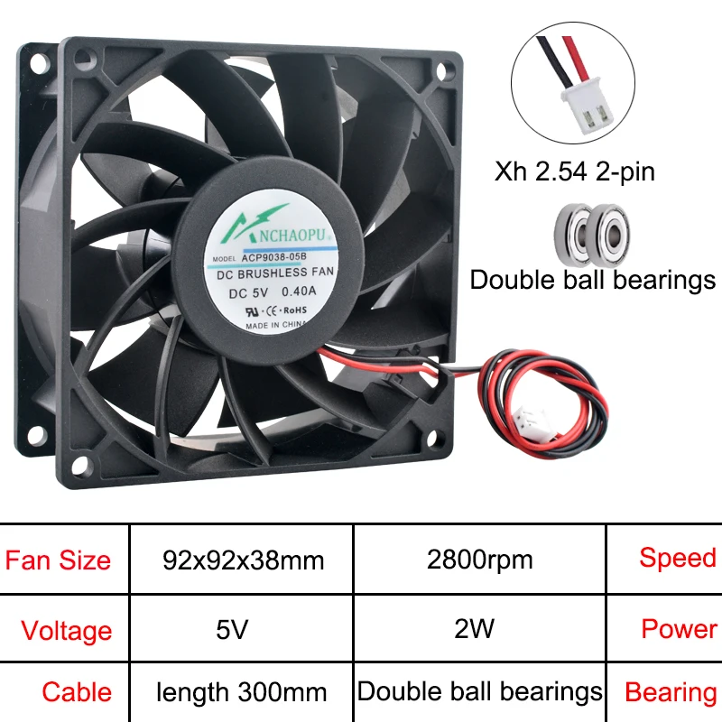 

（2pcs）High Speed 2Pin ACP9038 Axial Cooling Fan 92x92x38mm DC5V/12V/24V Server Frequency Converter Fan for Electronics Cooling