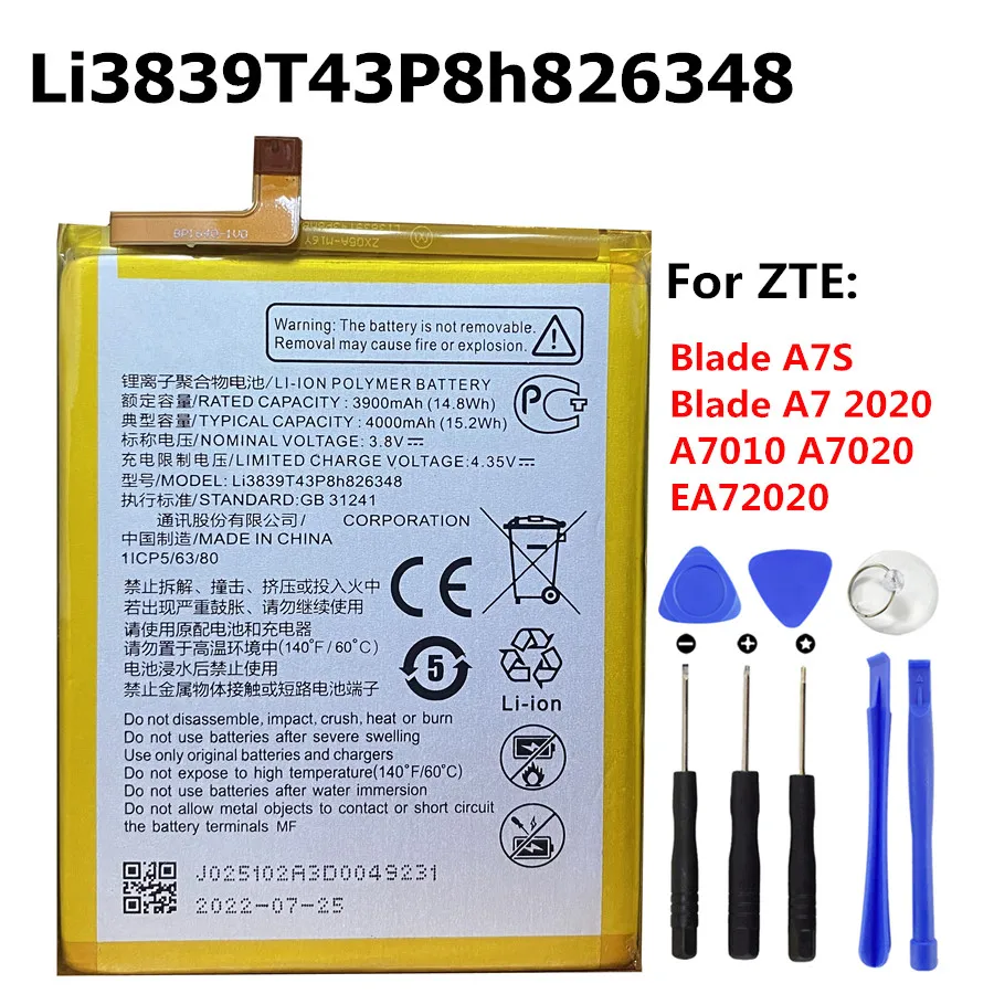 New Original 4000mAh Li3839T43P8h826348 Battery for ZTE Blade A7S A7 2020 A7010 A7020 EA72020 Mobile Phone