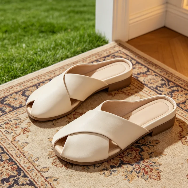 Women's Cross Strap Peep Toe Mule Slides, Lazy Slip-On Soft Leather Flat Sandals, Summer Casual Slippers for Outdoor