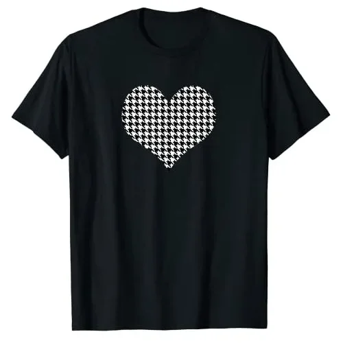 Black White Houndstooth Pattern Design Heart Women Girls T-Shirt Funny Love Graphic Tee Tops Summer Fashion Short Sleeve Blouses