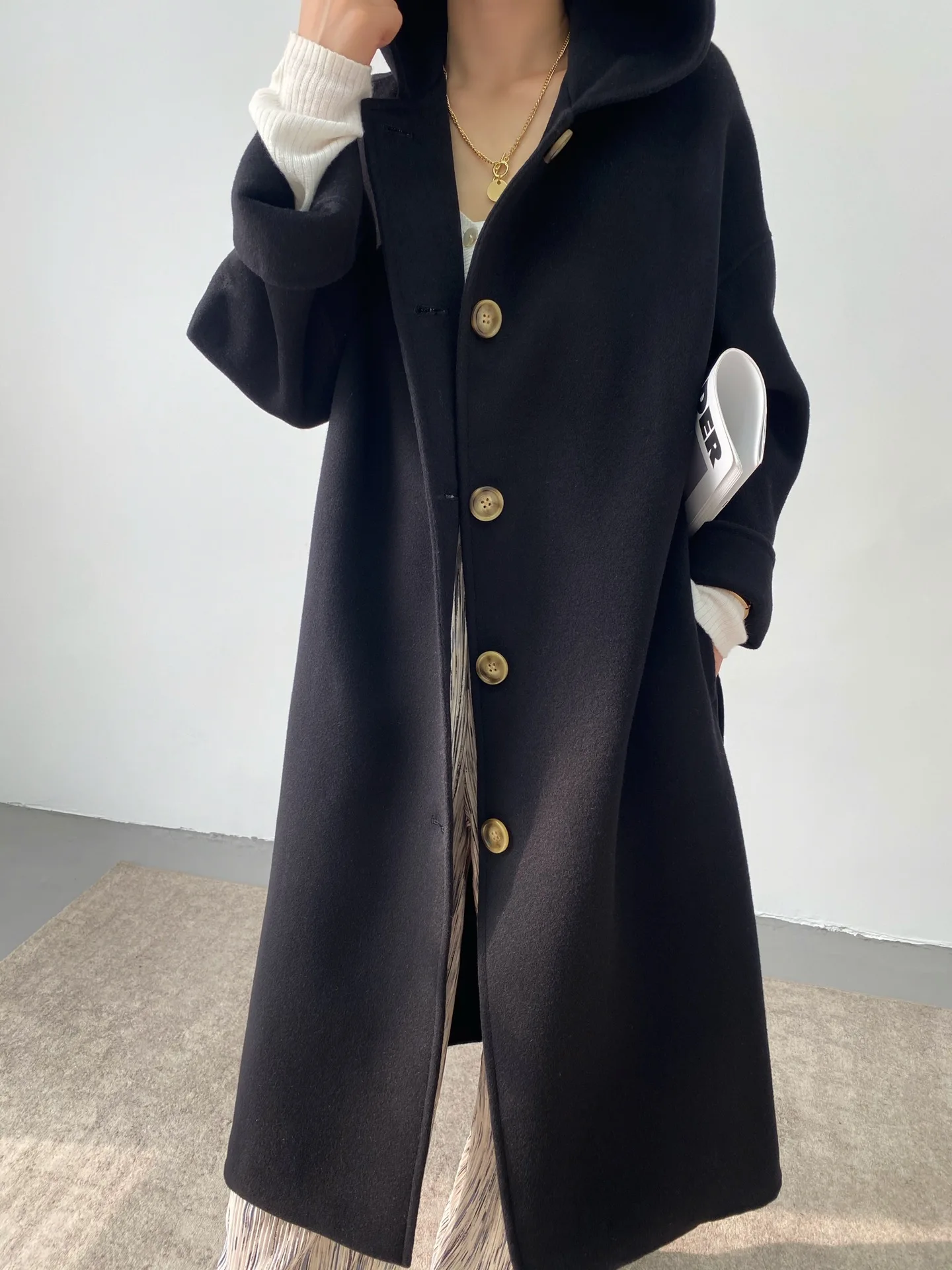 

New handmade long hooded wool coat single breasted lace-up long-sleeved coat loose slim cashmere nightgown