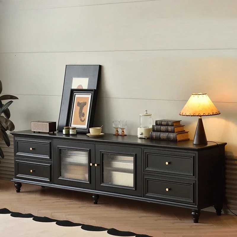 Solid Wood TV Stand Retro Storage American-style Living Room Furniture Cabinet with Reeded Glass Light Luxury Base Cabinet