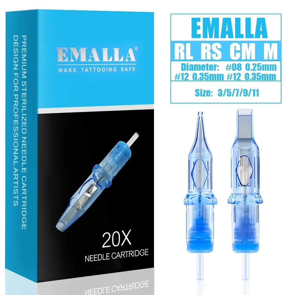 20pcs EMALLA Eliot Cartridge Needles RL/RS/CM/M Sterilized EMALLA Cartridge Needles Permanent Tattoo Machine Pen Cartridge