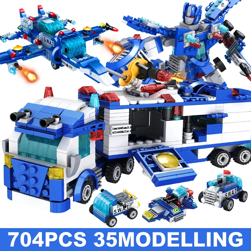 SWAT Serie 8in1 City Police Command Truck Policeman Robot Car Building Blocks Helicopter Model Bricks Toys for Children with box