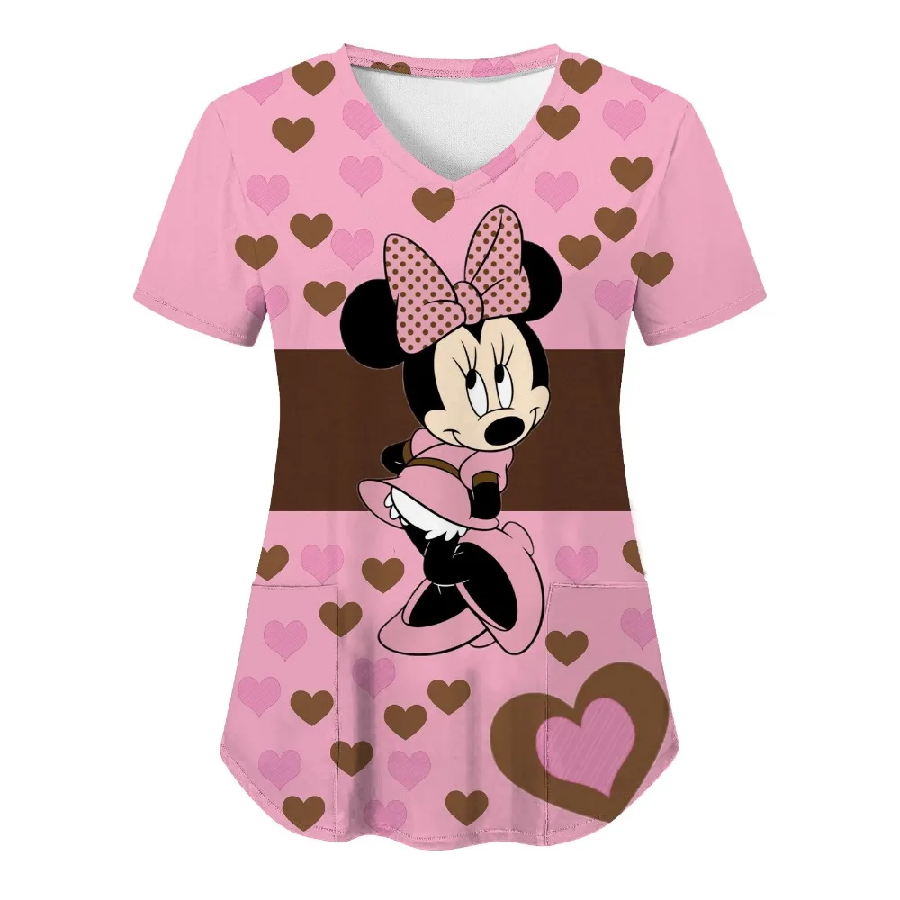 Woman Clothes Nurse Uniform T Shirt Hospital Tops Disney T-shirts Minnie Mouse T-shirt V Neck Top Women 2025 Mickey Pocket Tees
