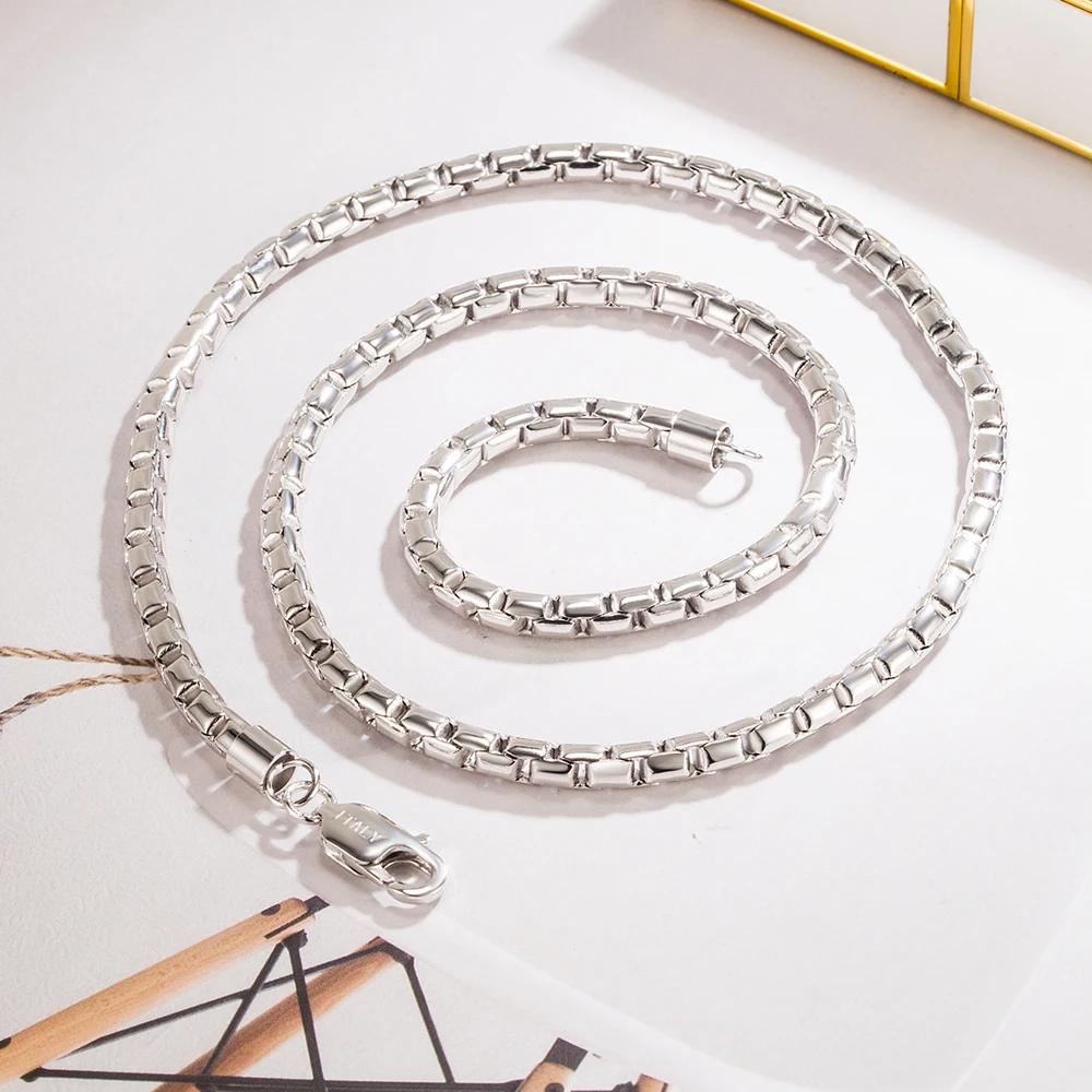 Men's 925 Sterling Silver Handmade Box Chain Necklace with Pendant Charms Long Clasp String Fine Fashion Jewelry