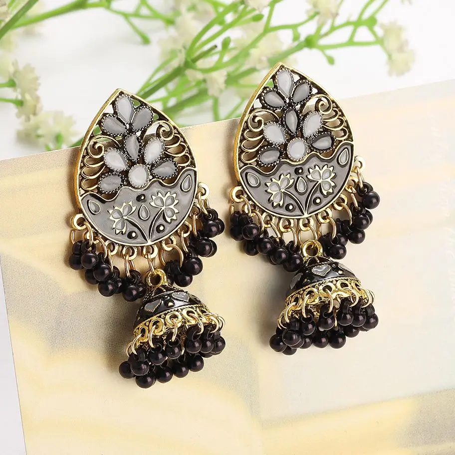 Vintage Fashion Water Drop Dangle Earrings for Women Ethnic Indian Jewelry Blue Flower Tassel Dangling Earrings Jewelry Gift