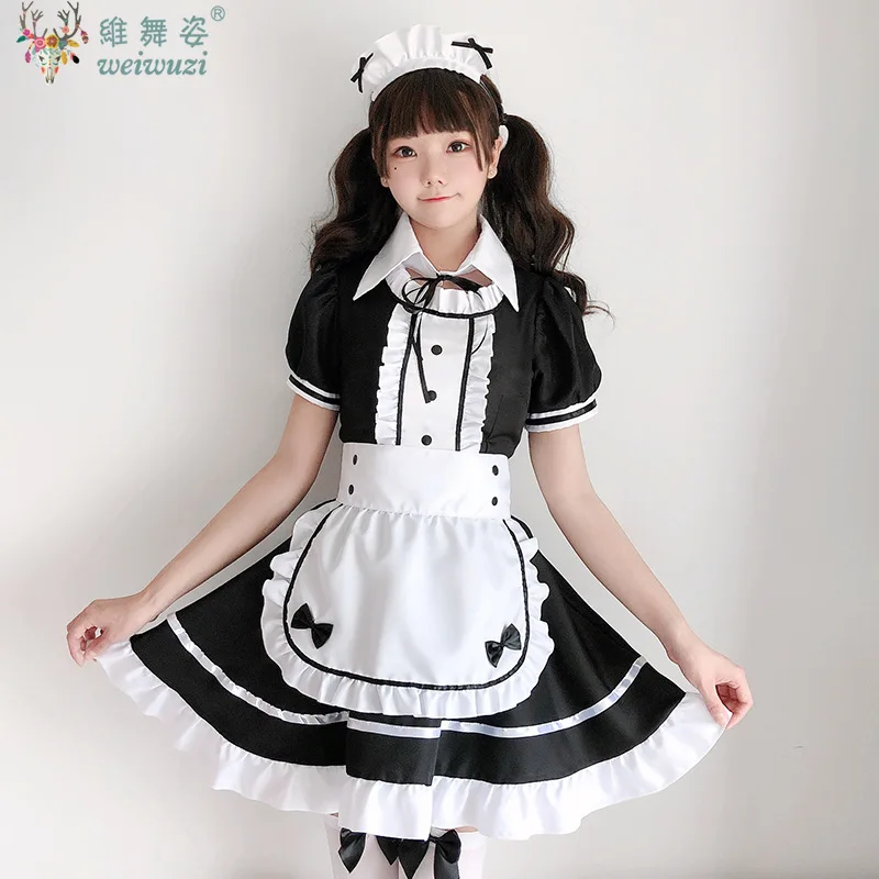 

Anime Cute Lolita Black White Maid Dress Sweet High Waist Slim Short Sleeve Bow Dresses Cafe Maid Party Role-playing Costume