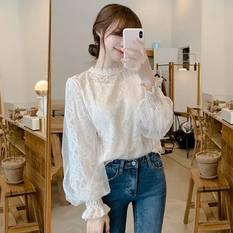 메쉬 레이스 여성 블라우스, 오피스 레이디 패션, 긴팔, 우아한 셔츠, 캐주얼 루즈 스위트 탑