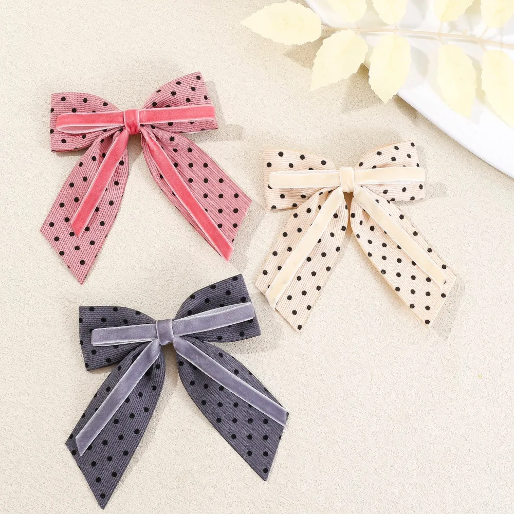 30-pcs-lot-51“-black-polka-dot-corduroy-hair-bow-clips-for-children-girls-ponytail-clips-fashion-hair-accessories