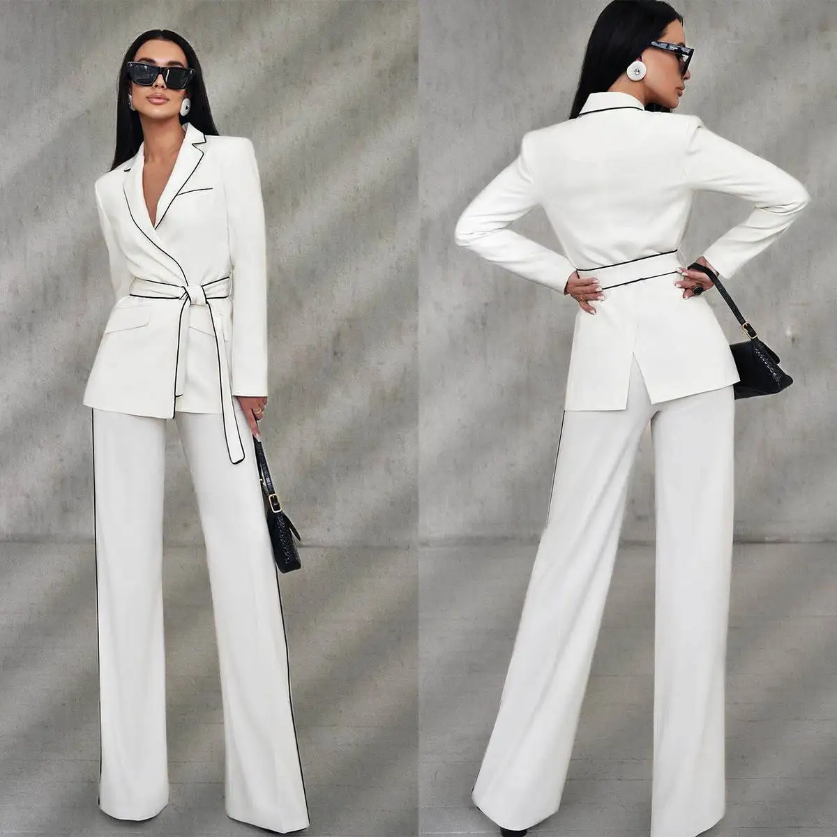 

White Black Women Pants Suits Slim Fit Prom Evening Guest Formal Wear Custom Made 2 Pieces With Belt