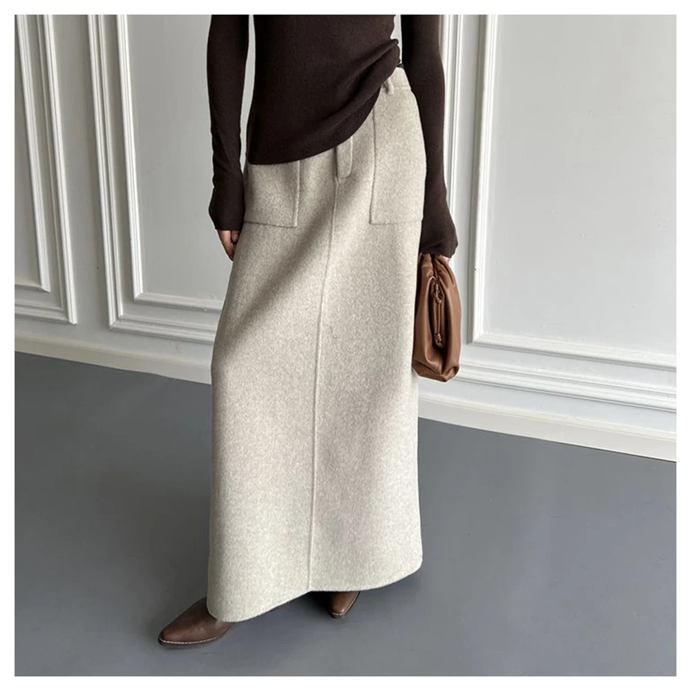 

Advanced wool midi skirt for women's winter new style French high waisted slit slimming long skirt LOOSE FIT