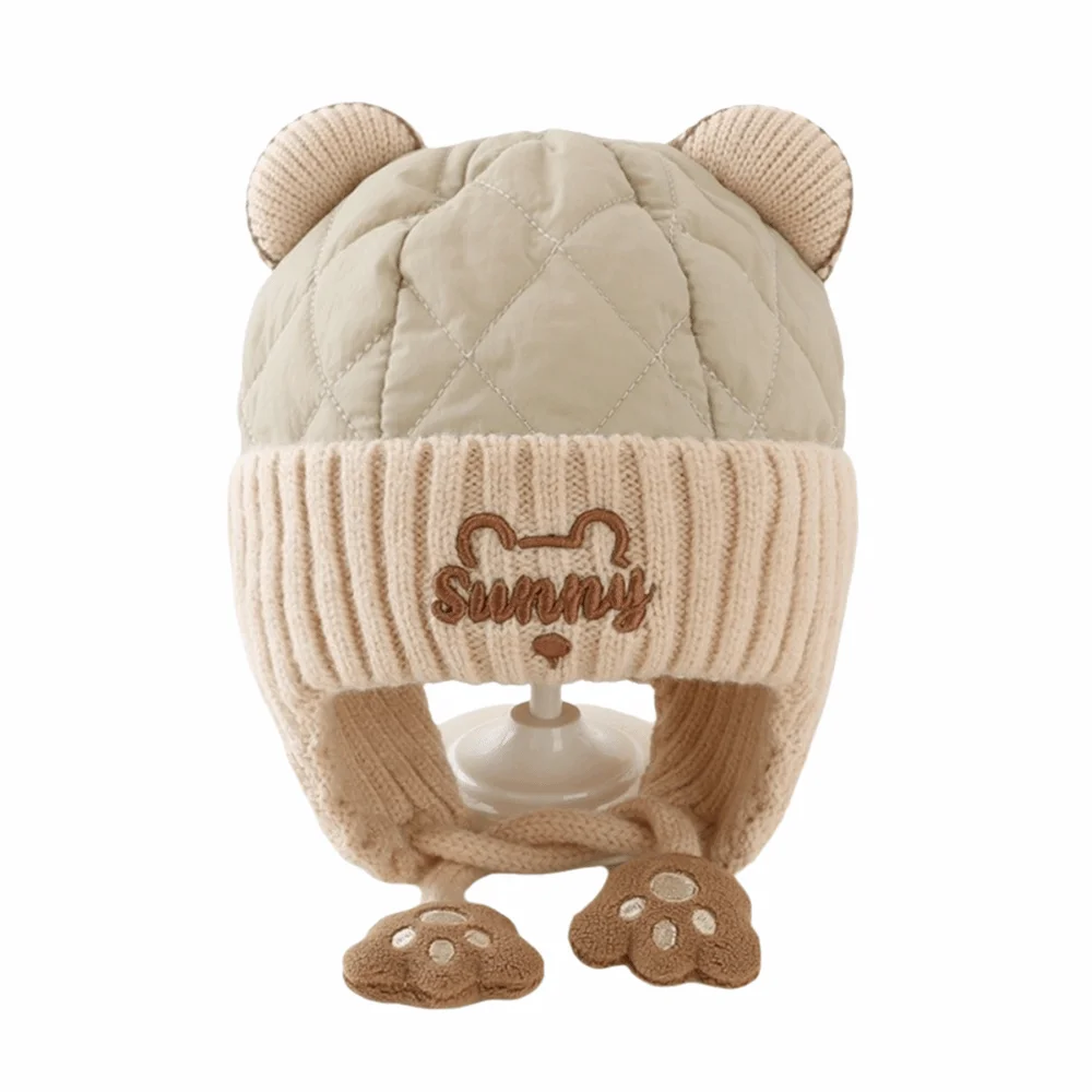 

New Cartoon Bear Pullover Cap Warm Windproof Beanie Hat Pompom Coldproof Knitted Cap Kids