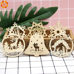10PCS DIY Natural Snowflakes Deer Shape Christmas Wooden Chip Hanging Ornaments Pendants Xmas Ornaments Kids Gifts Decorations