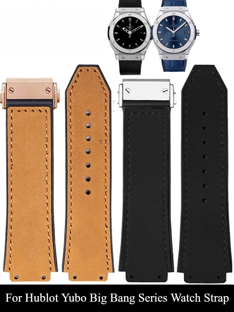 Hublot Yubo 시계 스트랩, 클래식 퓨전 빅뱅 시리즈, 볼록 인터페이스, 정품 소가죽 실리콘, 땀 방지 시계 밴드, 19x26mm
